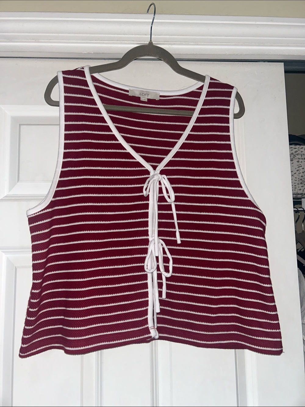 LOFT Red and White Striped Tie-Front Tank Top